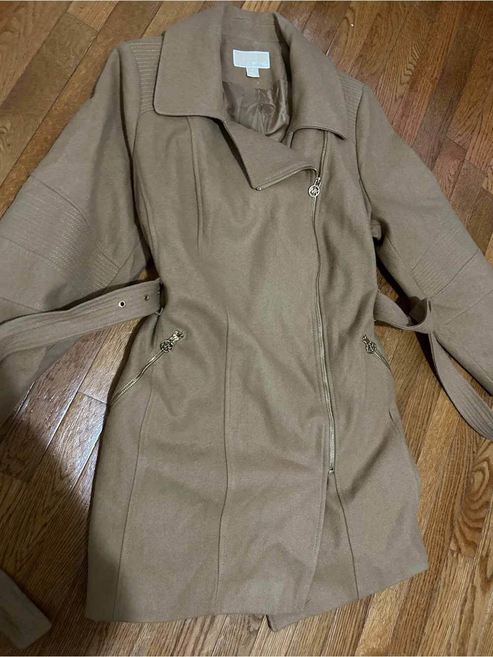 Like New! Michael Kors Camel Wool Belted Pea Trench Coat Tan 1X - Picture 5 of 8